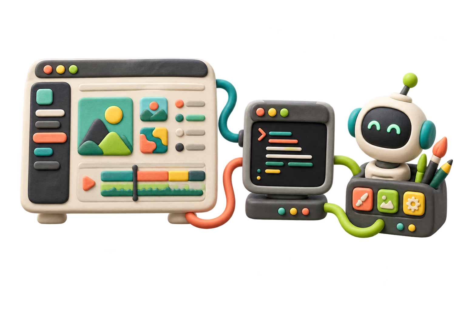 Illustration of three connected creative editing surfaces