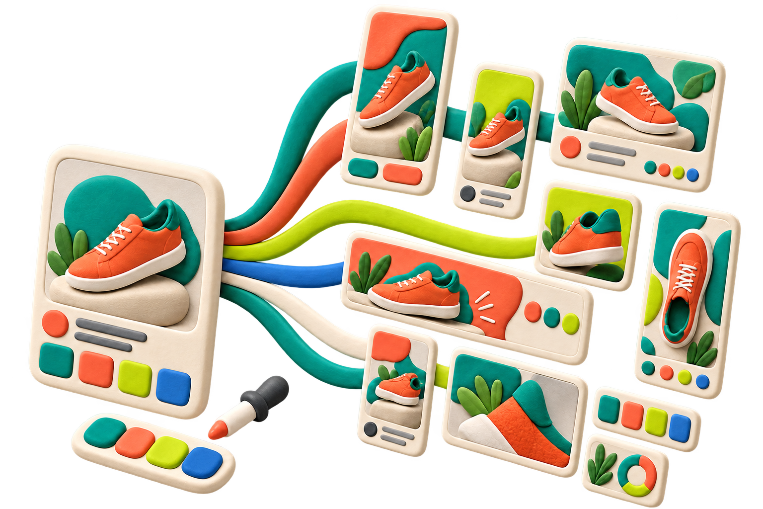 Clay-style template card fanning out into many campaign assets for multiple formats.
