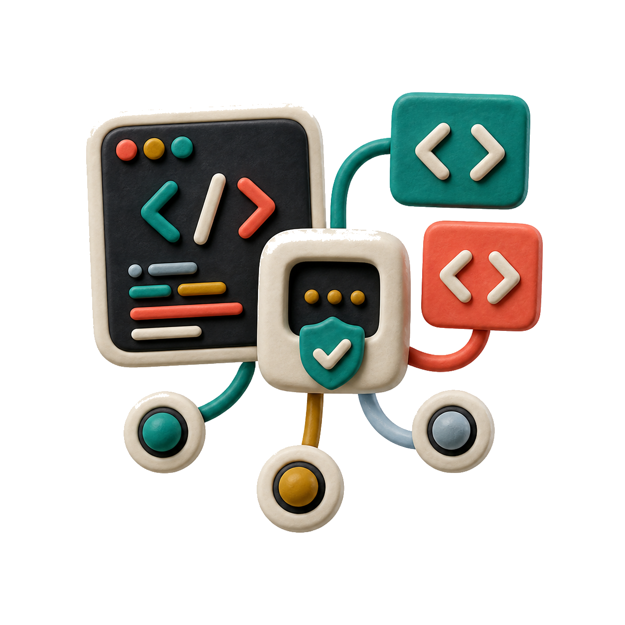 Abstract clay API and local-agent control surface with terminal, secure socket, code blocks, and delivery nodes.