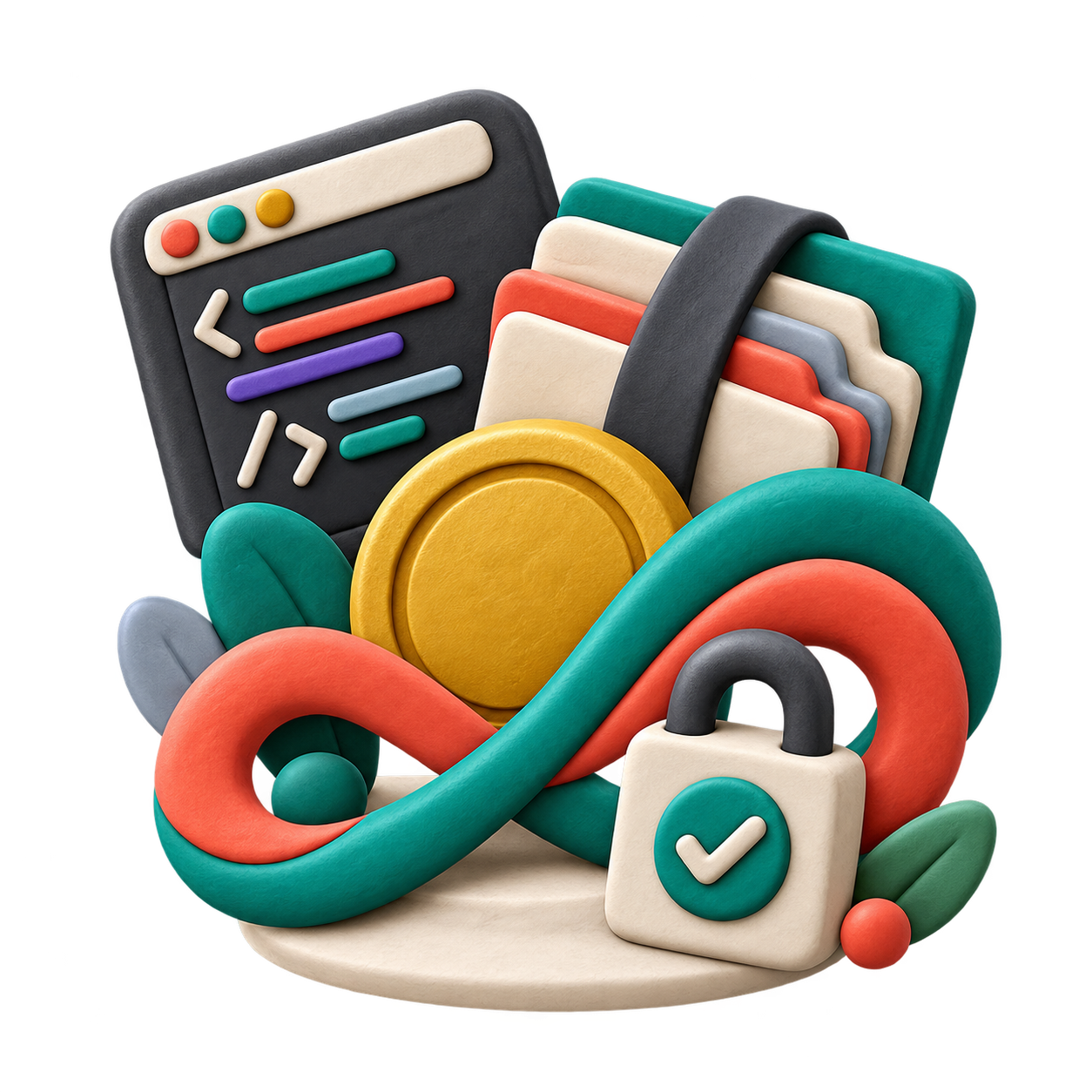 Abstract clay perpetual ownership symbol with source bundle, one-time token, privacy lock, and infinity loop.
