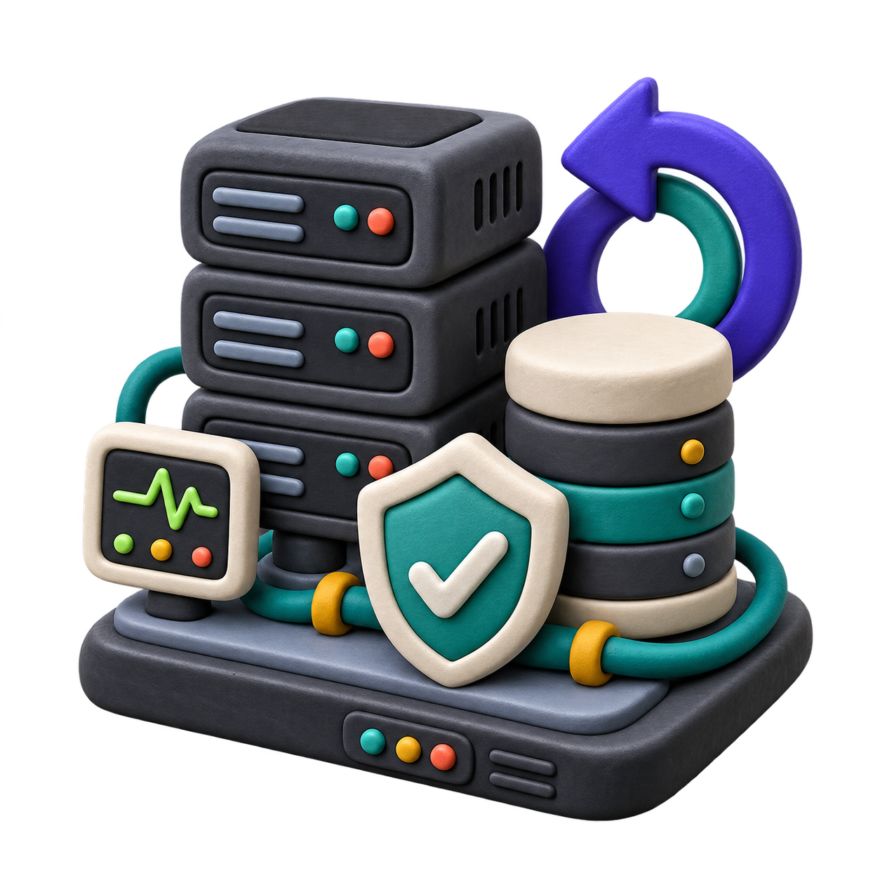 Abstract clay self-hosted operations stack with server, storage, backup loop, shield, and health monitor.