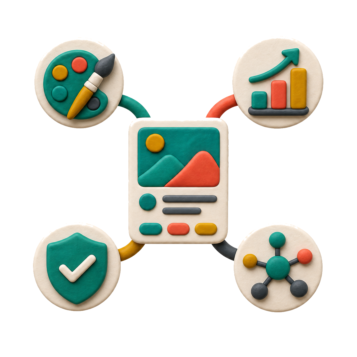 Abstract clay use-case map connecting creative, growth, operations, and automation tokens to one campaign card.
