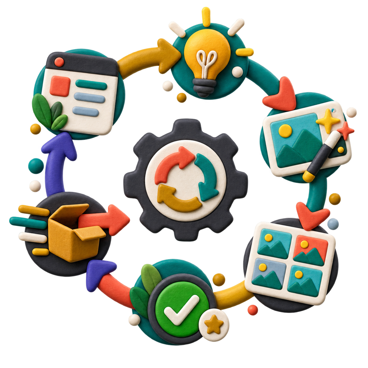 Abstract clay campaign workflow loop from brief through generation, review, delivery, and iteration.