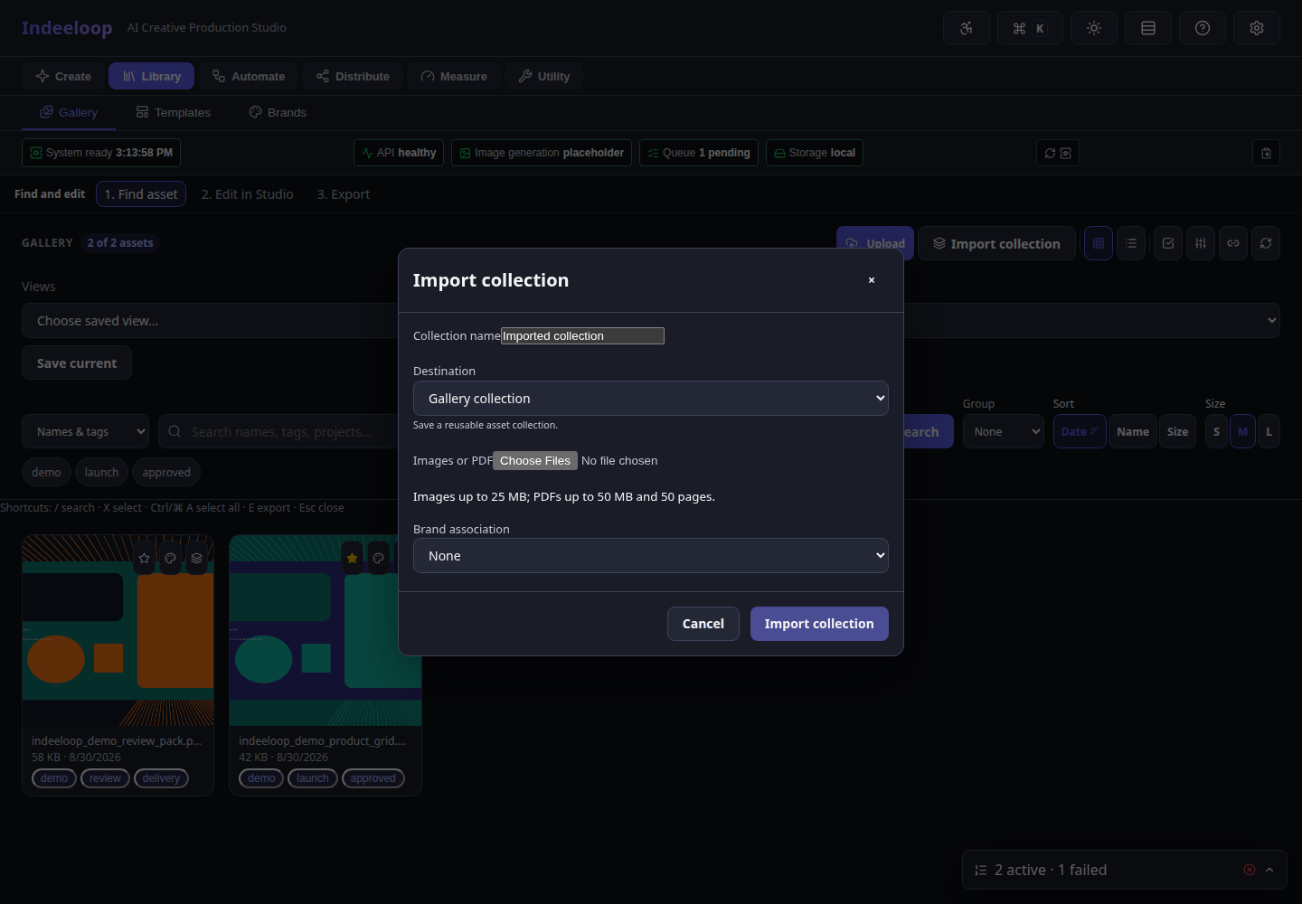 Sample collection import dialog with image and PDF choices