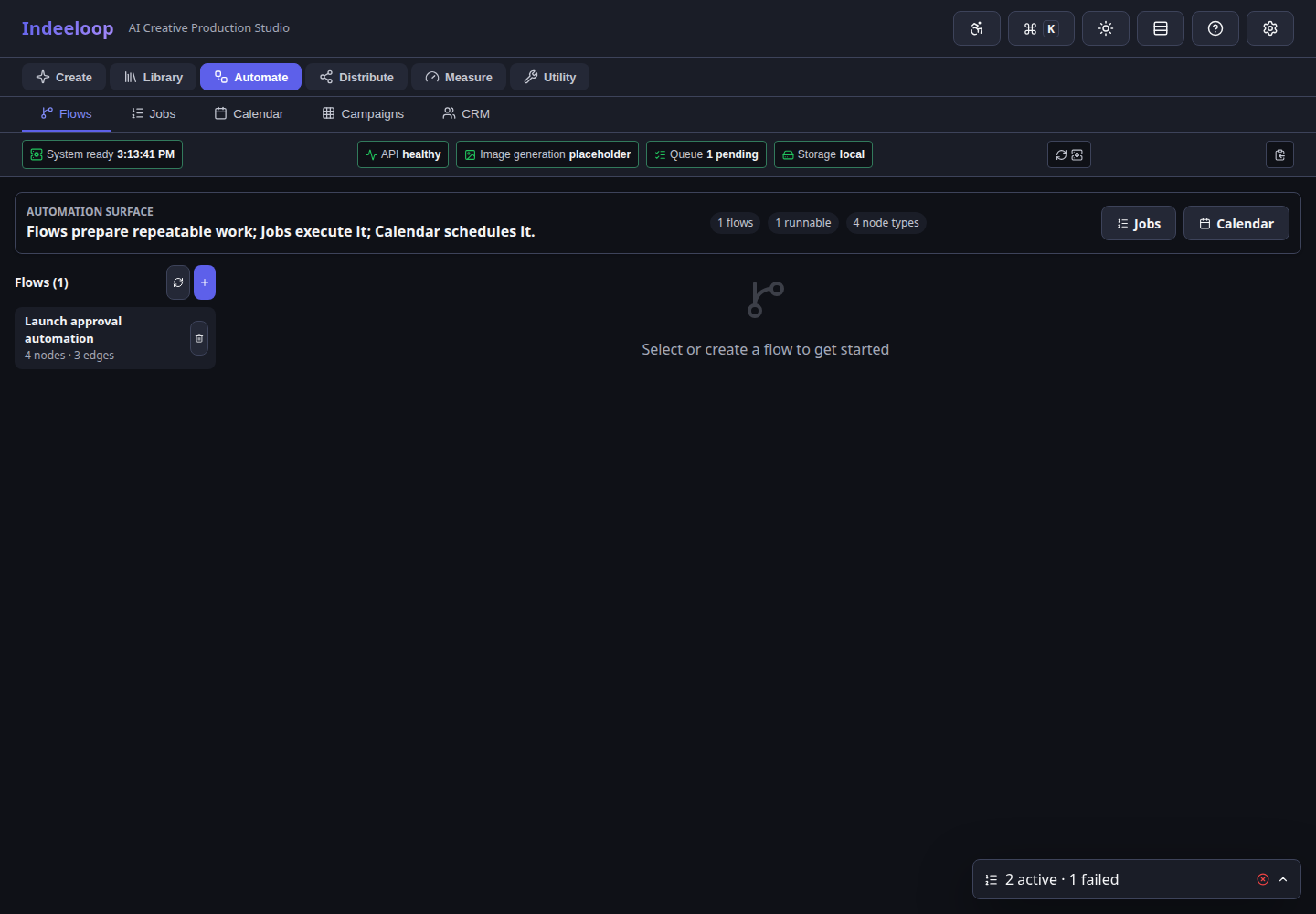 Indeeloop Flows workspace showing a launch approval automation graph and recent run history