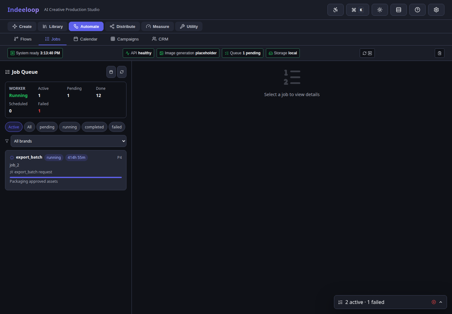 Indeeloop Jobs workspace showing queue visibility for creative automation work