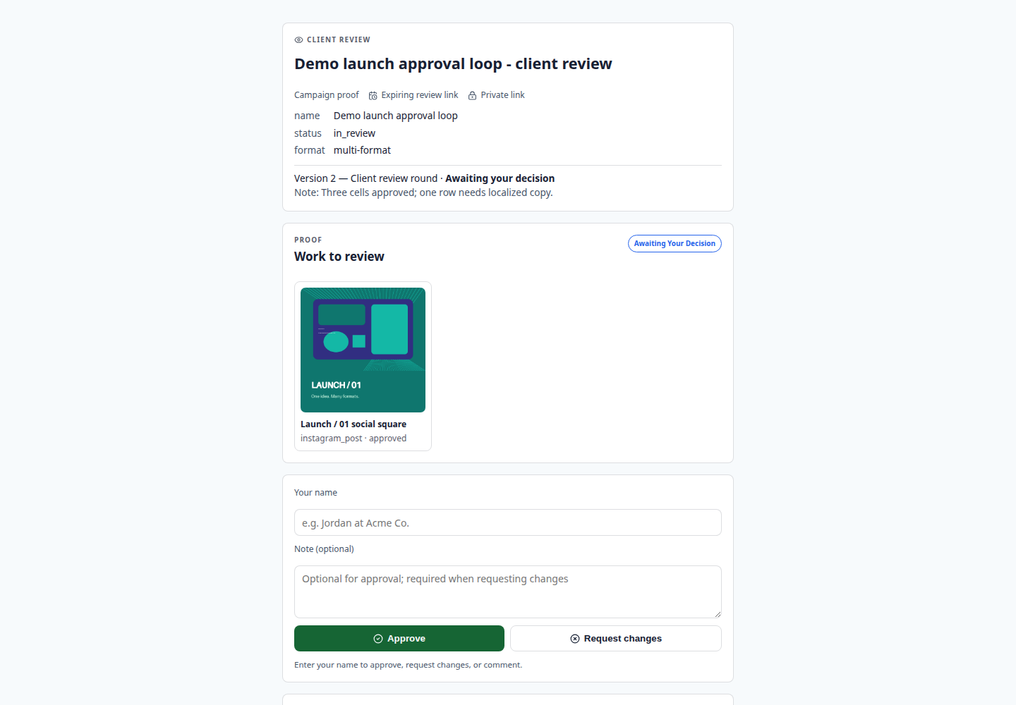 Seeded review UI previewing the same Studio square with illustrative comments and approval controls