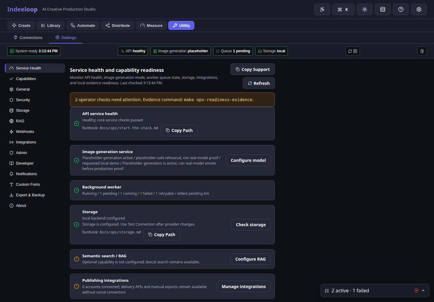 Indeeloop Service Health workspace showing API, model, queue, storage, and integration readiness