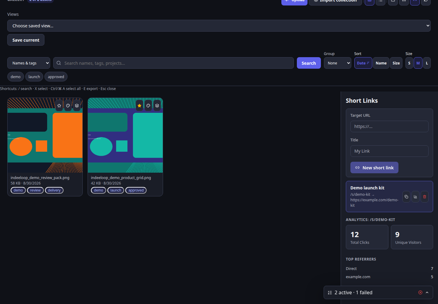 Sample shortlink analytics sidebar with clicks and referrers
